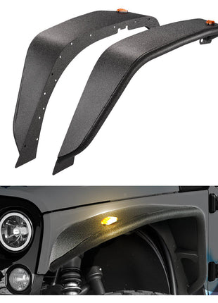 Fender Flare, Front Fender Flares Compatible with 2007-2018 Jeep JK/JKU 2/4 Doors, Off-Road Steel Liner Set with LED Lighting, Fenders for Jeep JK, Fine-Textured Black Paintable Wheel Flares Set
