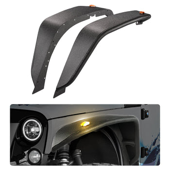 Fender Flare, Front Fender Flares Compatible with 2007-2018 Jeep JK/JKU 2/4 Doors, Off-Road Steel Liner Set with LED Lighting, Fenders for Jeep JK, Fine-Textured Black Paintable Wheel Flares Set