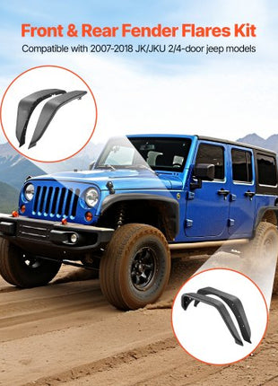 Fender Flare, Front & Rear Jeep Fender Flares Compatible with 2007-2018 Jeep JK/JKU 2/4 Doors, Fine-Textured Black Paintable Off-Road Steel Liner Set, Fenders for Jeep JK, Rust-Resistant Coating