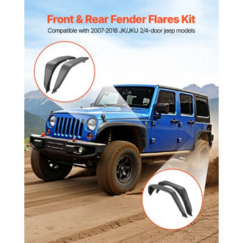 Fender Flare, Front & Rear Jeep Fender Flares Compatible with 2007-2018 Jeep JK/JKU 2/4 Doors, Fine-Textured Black Paintable Off-Road Steel Liner Set, Fenders for Jeep JK, Rust-Resistant Coating