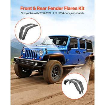 Fender Flare, Front & Rear Jeep Fender Flares Compatible with 2018-2024 Jeeps JL/JLU 2/4 Doors, Off-Road Steel Liner Set with LED Lighting, Fine-Textured Black Paintable  Fenders for Jeep JL