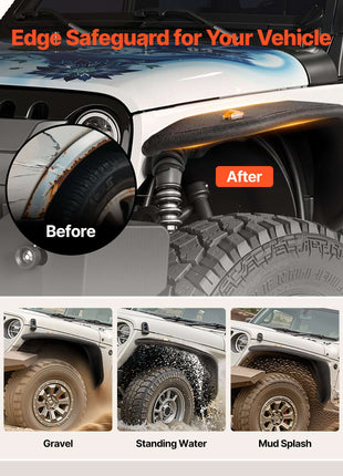 Fender Flare, Front & Rear Jeep Fender Flares Compatible with 2018-2024 Jeeps JL/JLU 2/4 Doors, Off-Road Steel Liner Set with LED Lighting, Fine-Textured Black Paintable  Fenders for Jeep JL