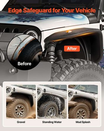 Fender Flare, Front & Rear Jeep Fender Flares Compatible with 2018-2024 Jeeps JL/JLU 2/4 Doors, Off-Road Steel Liner Set with LED Lighting, Fine-Textured Black Paintable  Fenders for Jeep JL