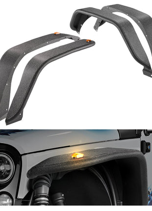 Fender Flare, Front & Rear Jeep Fender Flares Compatible with 2018-2024 Jeeps JL/JLU 2/4 Doors, Off-Road Steel Liner Set with LED Lighting, Fine-Textured Black Paintable  Fenders for Jeep JL