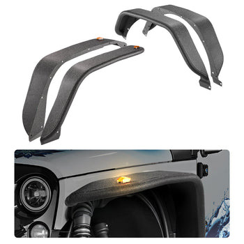 Fender Flare, Front & Rear Jeep Fender Flares Compatible with 2018-2024 Jeeps JL/JLU 2/4 Doors, Off-Road Steel Liner Set with LED Lighting, Fine-Textured Black Paintable  Fenders for Jeep JL