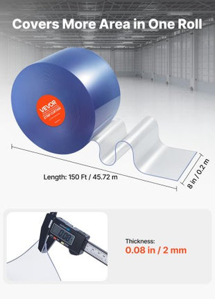 Clear PVC Strip Curtain, 150 ft Length x 8 in Width, Plastic Door Strip Bulk Roll, Walk in Freezer Cooler Curtain Strips for Doorways of Supermarket, Garage, Warehouse, Barn, Pet Animal House