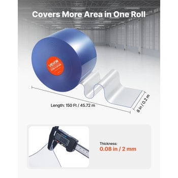 Clear PVC Strip Curtain, 150 ft Length x 8 in Width, Plastic Door Strip Bulk Roll, Walk in Freezer Cooler Curtain Strips for Doorways of Supermarket, Garage, Warehouse, Barn, Pet Animal House