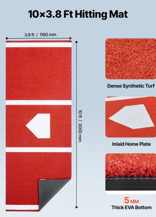 Baseball Hitting Mat, 10x3.8 ft Batting Cage Mat, Batters Box Turf Mats, Softball Batting Practice Equipment with Home Plate and Anti Fade Turf, Portable Training Aid for Indoor Outdoor, Red