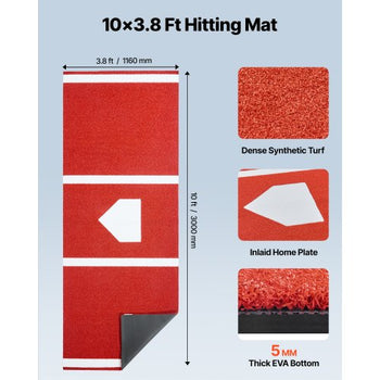 Baseball Hitting Mat, 10x3.8 ft Batting Cage Mat, Batters Box Turf Mats, Softball Batting Practice Equipment with Home Plate and Anti Fade Turf, Portable Training Aid for Indoor Outdoor, Red