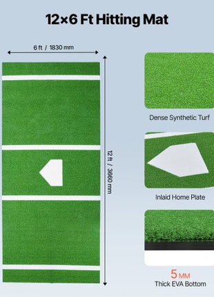 Baseball Hitting Mat, 12x6 ft Batting Cage Mat, Batters Box Turf Mats, Softball Batting Practice Equipment with Home Plate and Anti Fade Turf, Portable Training Aid for Indoor Outdoor, Green
