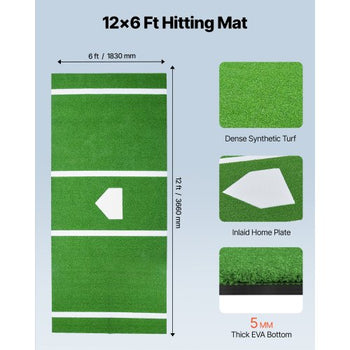 Baseball Hitting Mat, 12x6 ft Batting Cage Mat, Batters Box Turf Mats, Softball Batting Practice Equipment with Home Plate and Anti Fade Turf, Portable Training Aid for Indoor Outdoor, Green