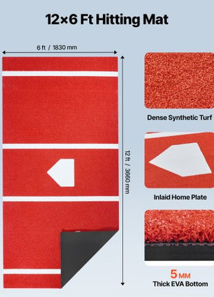 Baseball Hitting Mat, 12x6 ft Batting Cage Mat, Batters Box Turf Mats, Softball Batting Practice Equipment with Home Plate and Anti Fade Turf, Portable Training Aid for Indoor Outdoor, Red