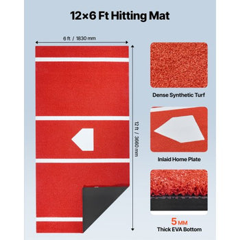 Baseball Hitting Mat, 12x6 ft Batting Cage Mat, Batters Box Turf Mats, Softball Batting Practice Equipment with Home Plate and Anti Fade Turf, Portable Training Aid for Indoor Outdoor, Red