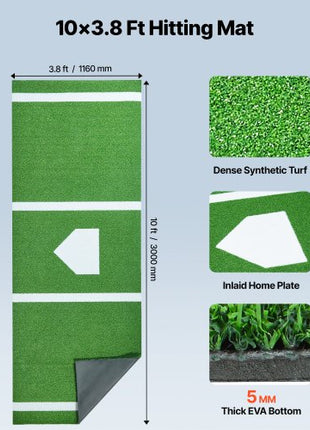 10x3.8 ft Baseball Softball Hitting Batting Mat, Indoor/Outdoor Anti-Slip Anti-Fade Softball Mat, Lined & Foam Backing Training Aid with Tightening Rope, Portable Practice Mats, Green
