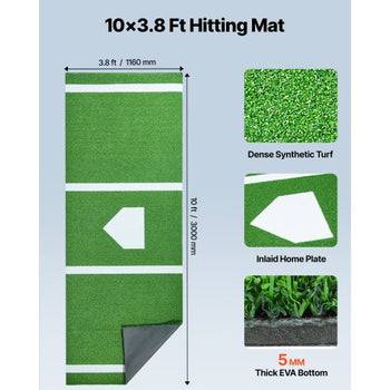 10x3.8 ft Baseball Softball Hitting Batting Mat, Indoor/Outdoor Anti-Slip Anti-Fade Softball Mat, Lined & Foam Backing Training Aid with Tightening Rope, Portable Practice Mats, Green