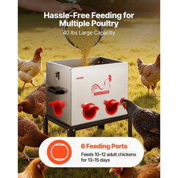 Automatic Chicken Feeder, 40 lbs Capacity, 6 Feeding Ports No-Waste Poultry Feeder with Built-In Divider, with Latch & Handle, Metal Construction, for Chickens Bantams Pheasants Poultry Coop