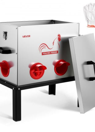 Automatic Chicken Feeder, 40 lbs Capacity, 6 Feeding Ports No-Waste Poultry Feeder with Built-In Divider, with Latch & Handle, Metal Construction, for Chickens Bantams Pheasants Poultry Coop