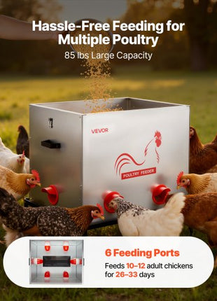 Automatic Chicken Feeder, 85 lbs Capacity, 6 Feeding Ports No-Waste Poultry Feeder with Built-In Divider, with Latch & Handle, Metal Construction, for Chickens Bantams Pheasants Poultry Coop