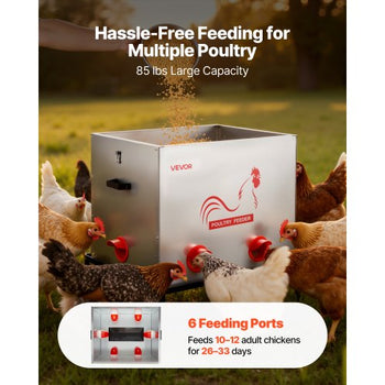Automatic Chicken Feeder, 85 lbs Capacity, 6 Feeding Ports No-Waste Poultry Feeder with Built-In Divider, with Latch & Handle, Metal Construction, for Chickens Bantams Pheasants Poultry Coop