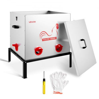 Automatic Chicken Feeder, 85 lbs Capacity, 6 Feeding Ports No-Waste Poultry Feeder with Built-In Divider, with Latch & Handle, Metal Construction, for Chickens Bantams Pheasants Poultry Coop