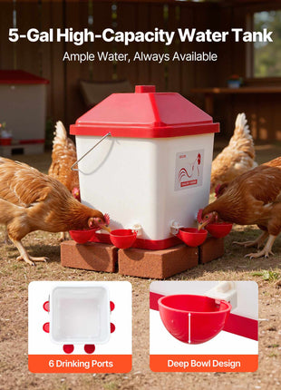 5 Gallon Automatic Chicken Waterer, 6 Water Ports, Automatic-Fill Water Cup, Automatic Gravity Waterer with Handle & Sealed Rubber Ring, Waterproof PP Material, No Waste Design, for Chicken