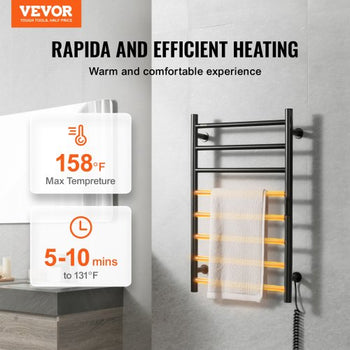 8 Bars Towel Warmer Rack, 120V Wall Mounted Heated Towel Rack for Bathroom, IPX5 Waterpoof Towel Heater Rack with Timer & LED Display Screen, 5 Levels Adjustable Temperature Towel Heater, Black