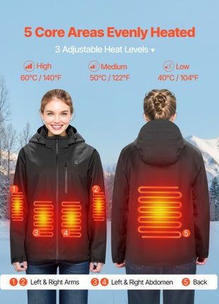 Heated Jacket for Women with 7.4V Battery, Soft Shell Electric Heating Coat, Windproof Waterproof Lightweight Outerwear with 5 Heating Zones & 3 Heat Settings, Machine Washable, XL Size