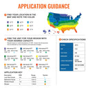 Application guidance chart for temperature and specifications of electric units, featuring a colorful USA map.