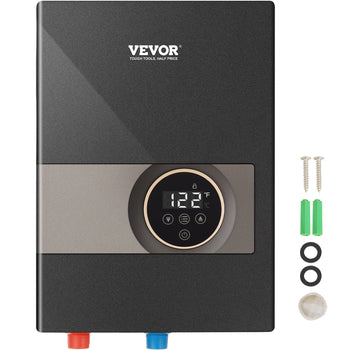 Vevor electric tankless water heater in sleek black, featuring digital display, copper fittings, and modern design.