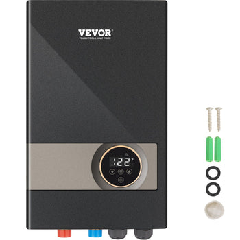 VEVOR electric tankless water heater, black with digital display, includes installation kit and accessories.