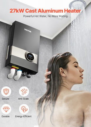 Tankless Electric Water Heater, 27kW Instant Hot Water Heater Under Sink, On Demand for Bathroom, Kitchen, Office with LCD Touch Screen, Child Security Lock ,Space-Saving, 240V Black