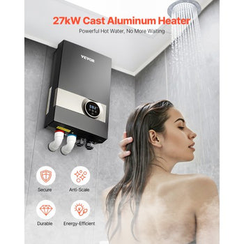 Tankless Electric Water Heater, 27kW Instant Hot Water Heater Under Sink, On Demand for Bathroom, Kitchen, Office with LCD Touch Screen, Child Security Lock ,Space-Saving, 240V Black