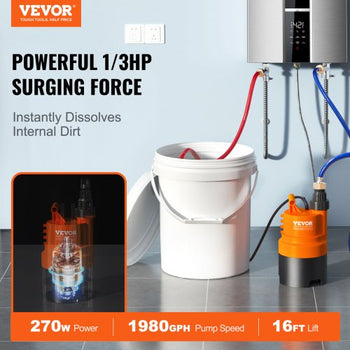 Tankless Water Heater Flushing Kit, Includes Efficient Pump & 5 Gallon Pail & 2 Hoses & Descaling Powder, Wrench and Adapter for Quick Install Easy to Start, Water Heater Flush Kit