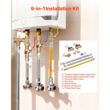 Water Heater Kit, 3/4 Inch Cold & Hot Water Plumbing Repair Kit with 600 WOG Isolation Valves, Pressure Relief Valve, Dual-Layer Gas Hose, Compatible with Most Tankless Waters Heater Brands