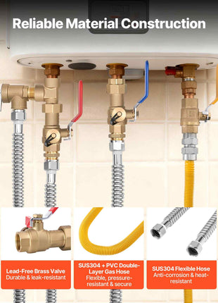 Water Heater Kit, 3/4 Inch Cold & Hot Water Plumbing Repair Kit with 600 WOG Isolation Valves, Pressure Relief Valve, Dual-Layer Gas Hose, Compatible with Most Tankless Waters Heater Brands