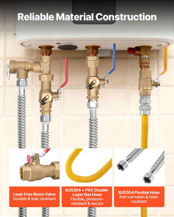 Water Heater Kit, 3/4 Inch Cold & Hot Water Plumbing Repair Kit with 600 WOG Isolation Valves, Pressure Relief Valve, Dual-Layer Gas Hose, Compatible with Most Tankless Waters Heater Brands