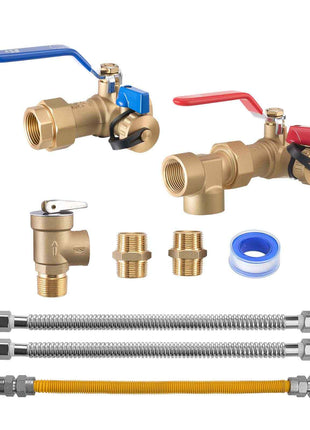 Water Heater Kit, 3/4 Inch Cold & Hot Water Plumbing Repair Kit with 600 WOG Isolation Valves, Pressure Relief Valve, Dual-Layer Gas Hose, Compatible with Most Tankless Waters Heater Brands