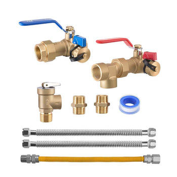 Water Heater Kit, 3/4 Inch Cold & Hot Water Plumbing Repair Kit with 600 WOG Isolation Valves, Pressure Relief Valve, Dual-Layer Gas Hose, Compatible with Most Tankless Waters Heater Brands