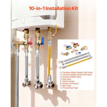 Water Heater Kit, 3/4 Inch Cold & Hot Water Plumbing Repair Kit with 600 WOG Isolation Valves, Pressure Relief Valve, Ball Valve, Gas Hose, Compatible with Most Tankless Waters Heater Brands