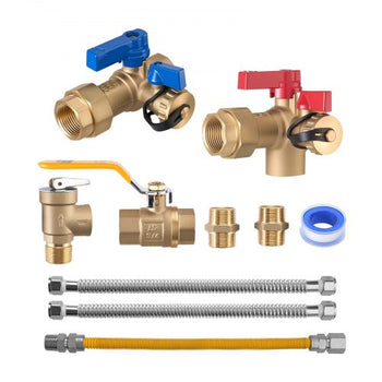 Water Heater Kit, 3/4 Inch Cold & Hot Water Plumbing Repair Kit with 600 WOG Isolation Valves, Pressure Relief Valve, Ball Valve, Gas Hose, Compatible with Most Tankless Waters Heater Brands