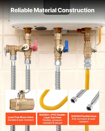 Water Heater Kit, 3/4 Inch Cold & Hot Water Plumbing Repair Kit with 600 WOG Isolation Valves, Pressure Relief Valve, Ball Valve, Gas Hose, Compatible with Most Tankless Waters Heater Brands