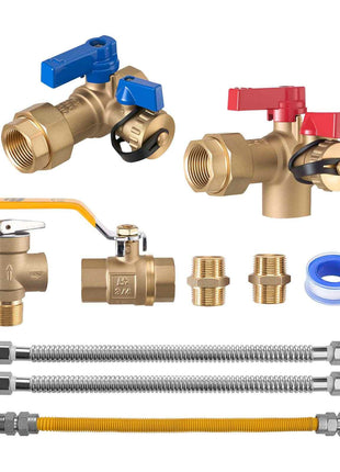 Water Heater Kit, 3/4 Inch Cold & Hot Water Plumbing Repair Kit with 600 WOG Isolation Valves, Pressure Relief Valve, Ball Valve, Gas Hose, Compatible with Most Tankless Waters Heater Brands