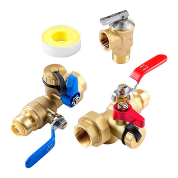 Water Heater Kit, 3/4 Inch Tankless Water Heater Service Valve Kit with 2PCS 3/4″ NPT to 3/4″ PTC Isolation Valves, Pressure Relief Valve, Fits Most Tankless Waters Heaters, Lead-Free Brass