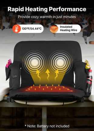 Stadium Seat, 25 inch Heated Stadium Chair, Bleacher Seat Heated with 4 Pockets for Bleachers, 3 Level Heating & 6 Modes Vibration Portable Heating Stadiums Chair for Camping, Sports Events