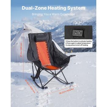 Heated Camping Chair, 3 Heating Settings, Large-Sized Padded Folding Rocker, Heavy Duty Outdoor Lawn Chairs with Pocket & Cupholder, Support 225lbs, Portable Heated Chair for Sports Winter Use
