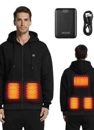 Heated Jacket Hoodie for Men Women, Heated Sweatshirt Unisex Full-Zip with 7.4V 16000mAh Power Bank Pack, 5 Heating Zones, 3 Temp Levels, 4-8H Warmth, for Winter Outdoor Camping, Black, XL Size