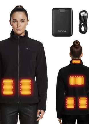 Heated Fleece Jacket for Women, Heated Sweatshirt with 7.4V 16000mAh Rechargeable Power Bank Pack, 6 Heating Zones, 3 Temp Levels, 3h/6h/10h Warmth, for Winter Outdoor Camping, Black, L Size