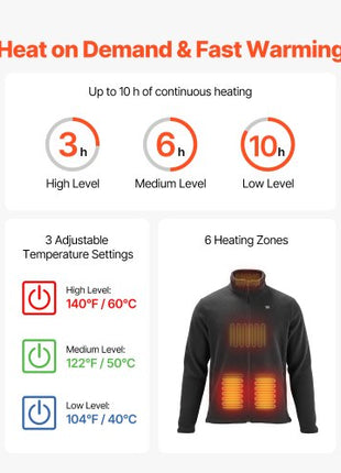 Heated Fleece Jacket for Men, Heated Sweatshirt with 7.4V 16000mAh Rechargeable Power Bank Pack, 6 Heating Zones, 3 Temp Levels, 3h/6h/10h Warmth, for Winter Outdoor Camping, Black, L Size