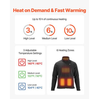 Heated Fleece Jacket for Men, Heated Sweatshirt with 7.4V 16000mAh Rechargeable Power Bank Pack, 6 Heating Zones, 3 Temp Levels, 3h/6h/10h Warmth, for Winter Outdoor Camping, Black, L Size