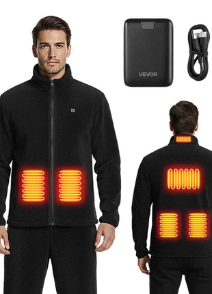 Heated Fleece Jacket for Men, Heated Sweatshirt with 7.4V 16000mAh Rechargeable Power Bank Pack, 6 Heating Zones, 3 Temp Levels, 3h/6h/10h Warmth, for Winter Outdoor Camping, Black, M Size